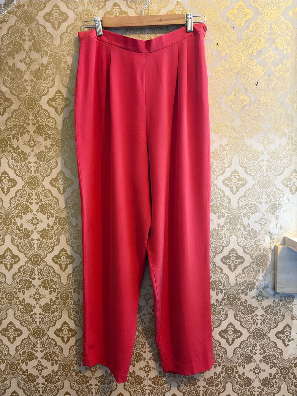 Vintage Josephine Chaus Petite 100% Silk Wide Leg Pants Size 14 Coral Pink